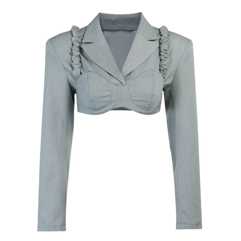 2023 Korean Fashion Sexy Cropped Blazer Women Shoulder Pads Jackets Short Long Sleeve Chic Y2k Stylish Elegant Blazers Grey