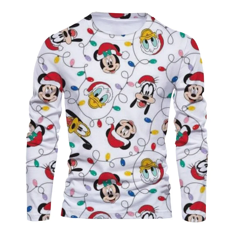 New Christmas Disney Brand Mickey and Minnie Anime 3D Printing Fashion Casual Trend Men's Round Neck Long Sleeve T-Shirt