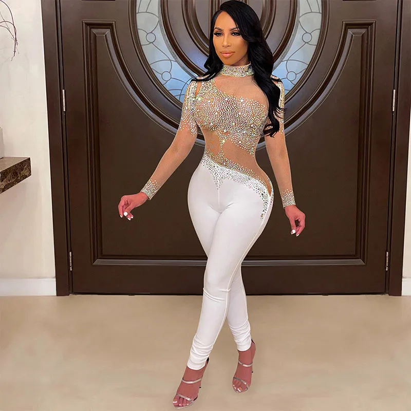 Sheer Mesh Jumpsuit 2023 Elastic One Shoulder Party Rompers And Jumpsuits For Women Long Sleeve One Piece Romper Fashion Sexy