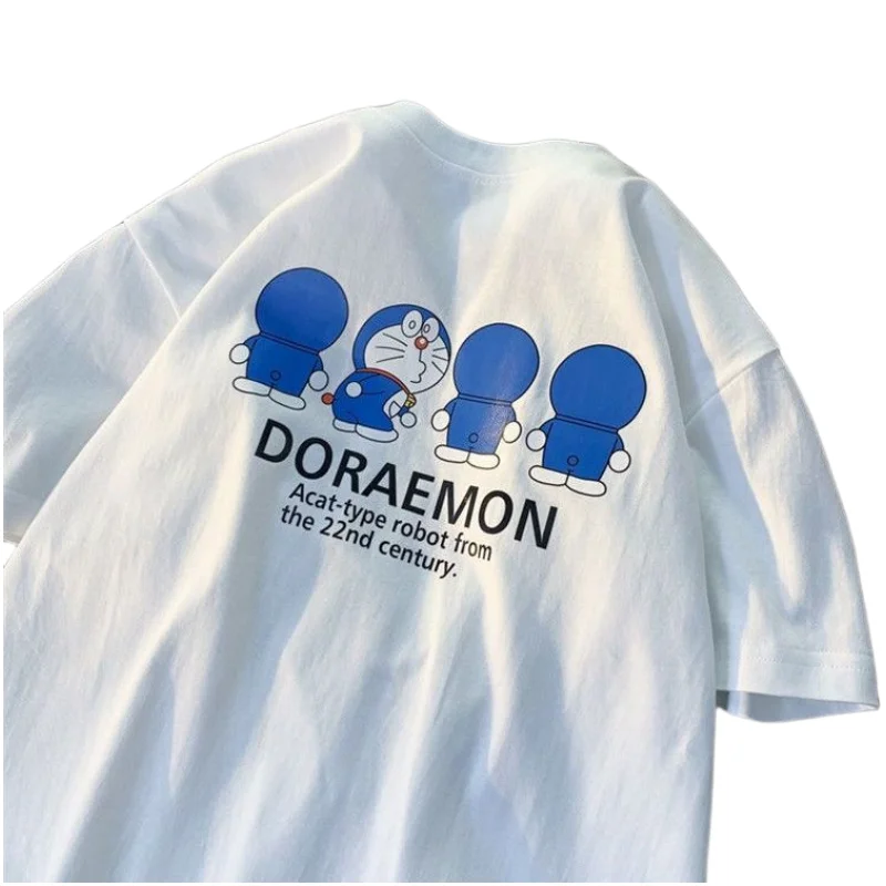 

Футболка Doraemon из чистого хлопка с короткими рукавами, мужская и женская парная Повседневная Свободная Универсальная футболка с милым забавным мультяшным принтом
