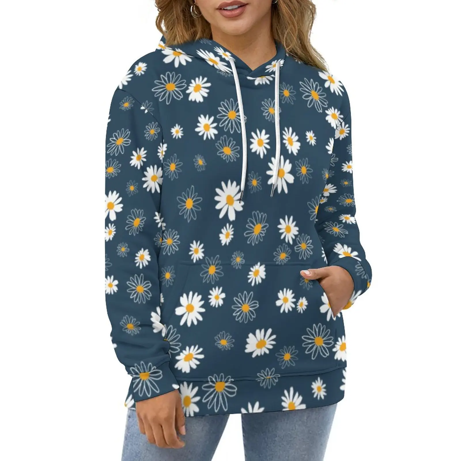 

Daisy Flowers Hoodies Long Sleeve White Floral Print Aesthetic Casual Hoodie Winter Hip Hop Oversized Printed Loose Sweatshirts