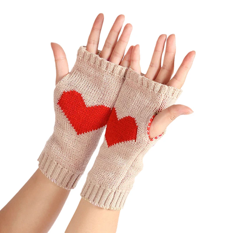 

Женские зимние перчатки, утолщенные теплые вязаные перчатки для сенсорного экрана, безпальцевые варежки с принтом сердечек и надписью Love, уличные лыжные перчатки