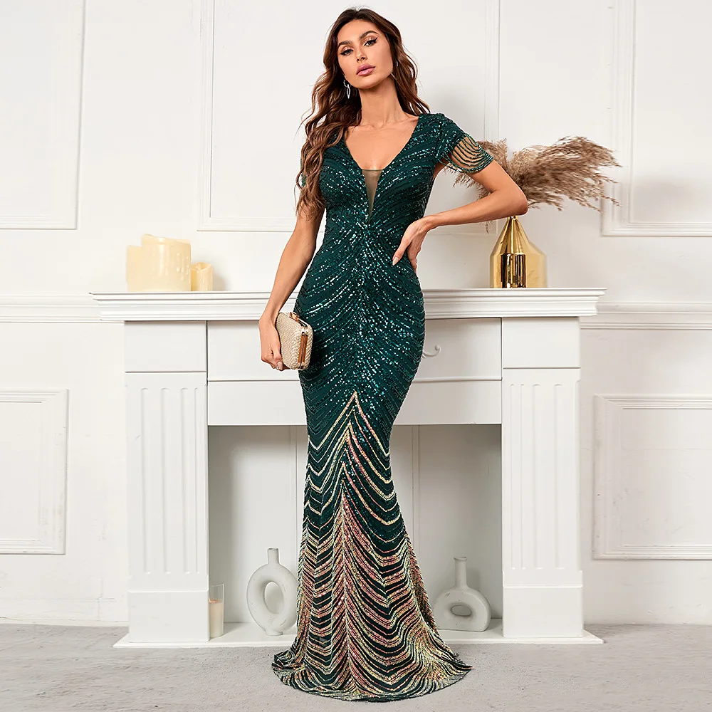 Deep V Neck Green Sequin Evening Dress Sexy Party Maxi Dress Women Beading Dress Long Prom Dress Formal Wedding Cocktail Dress