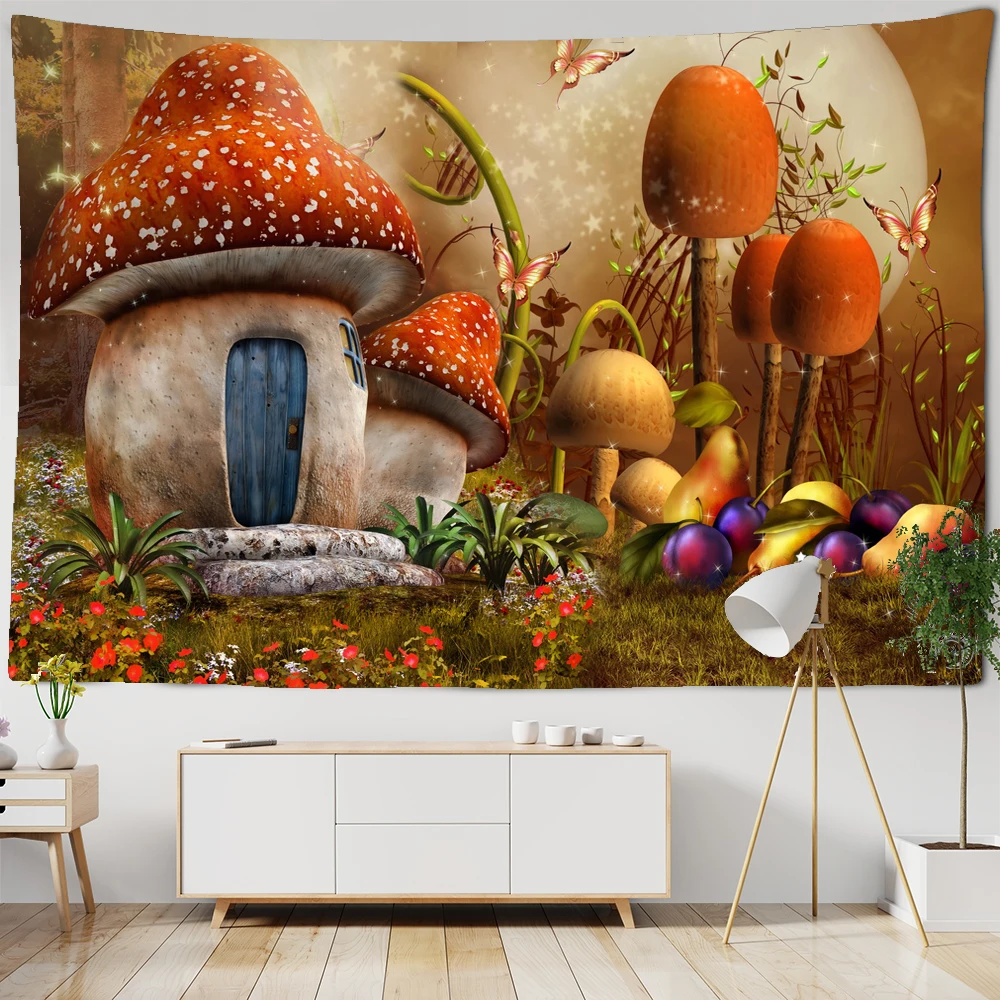 

Mushroom House Tapestry Wall Hanging Psychedelic Trippy Tapestry Fantasy Forest Bedroom for Kids Room Decor Party Backdrop Cloth