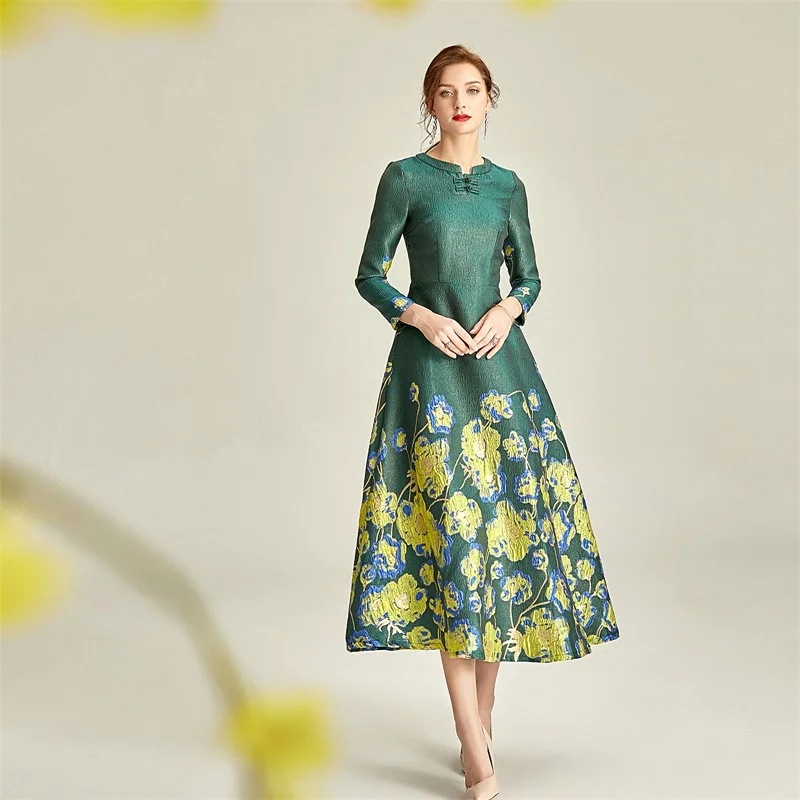 Spring Fall Vintage Women Dobby Floral Full Sleeve Long Dress , Woman Clothes High Waisted Green Flower Dresses