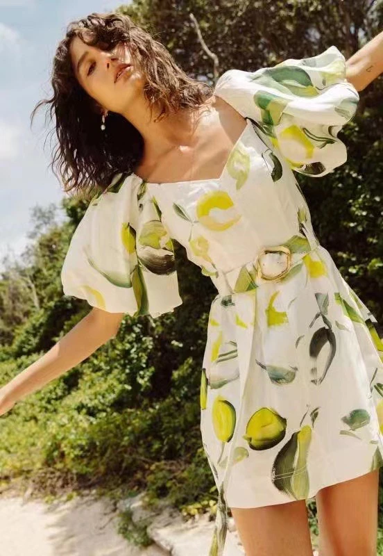 

New Sweetheart Neck Short Lantern Sleeve Lemon Print Women 100% Linen Short Dress with Metal Belt