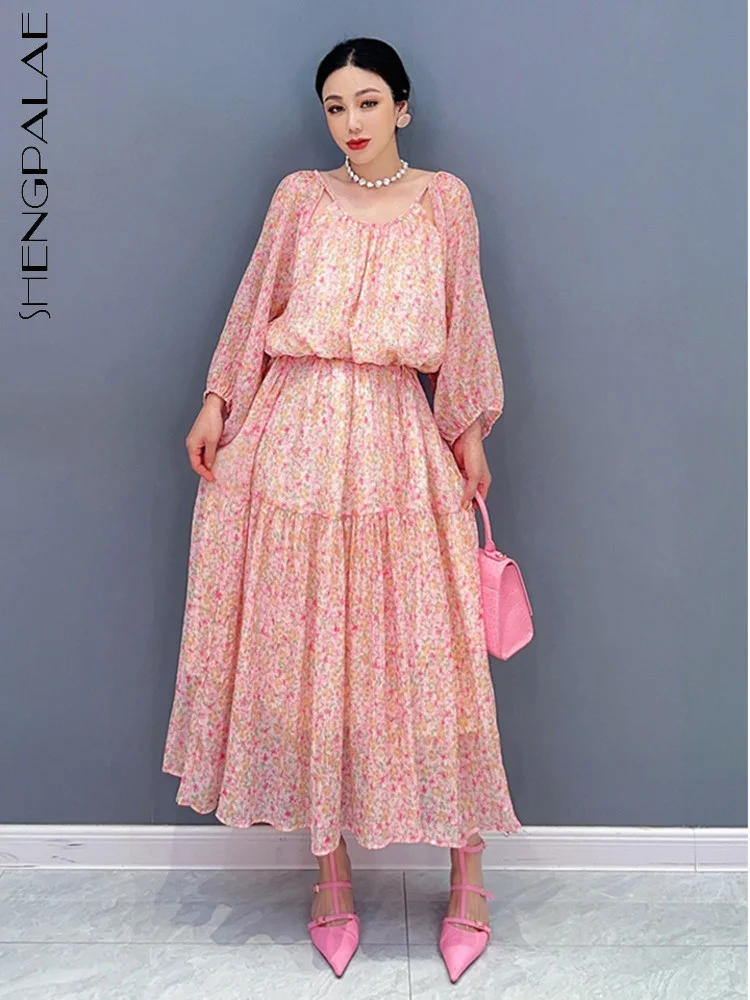 

SHENGPALAE Fashion Women's Floral Dress Hollow Out O-neck Lantern Sleeve Lace Up Waist Sunscreen Vestido Summer 2023 New 5R4357