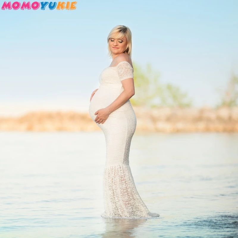 New Maternity Lace Dress Off Shoulder Hollow Out Gowns for Photo Shoot Pregnant Dress Pregnancy Dress Photography Props