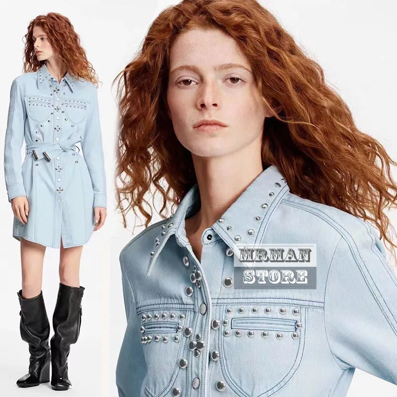 

Luxury design branded dresses 22 new spring Heavy Industry Rivets Decorative Long Sleeve light blue Denim woman Dress with belt