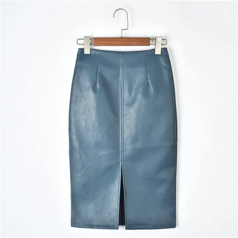 Женская юбка средней длины Однотонная из искусственной кожи прямая с высокой