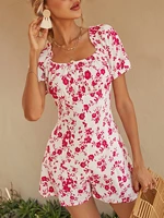 wildpinky new cotton floral print tie up backless women romper summer short sleeves casual rompers square collar elastic overall