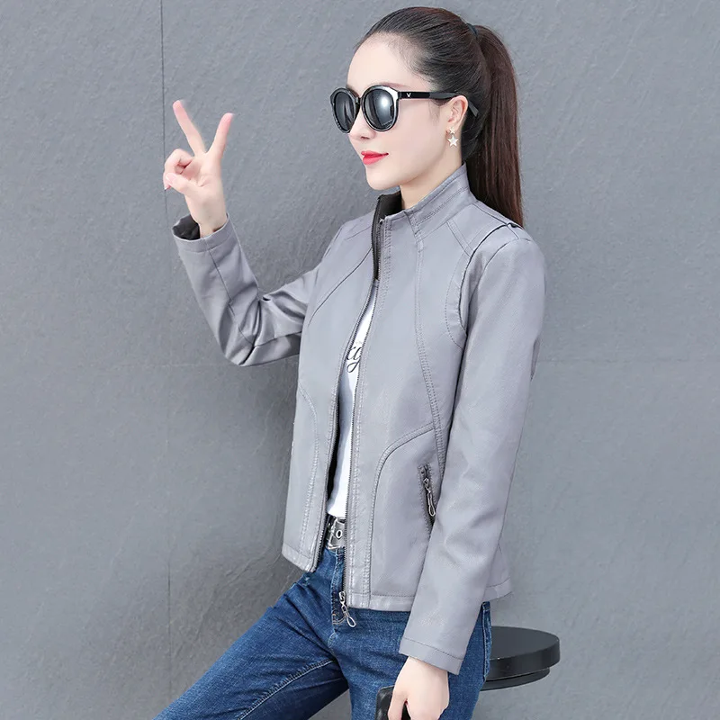 Leather Women's Spring  Autumn Short Coat 2022 Korean PU Leather Fashion Slim Leather Jacket Gray Skinny Top  Jaqueta Feminina