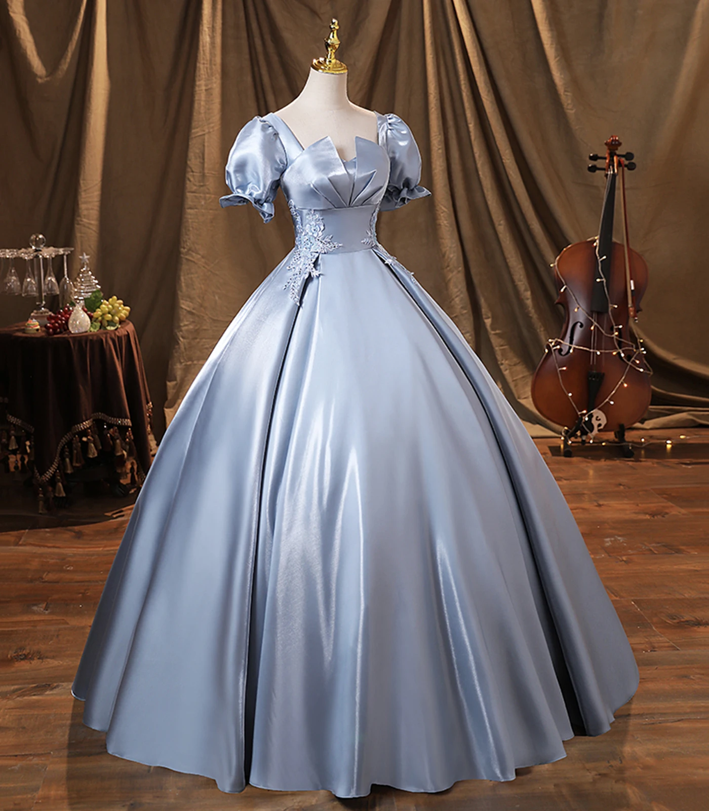 

17118#IENA Elegant Sky Blue Satin V neck Evening Dresses robe de soiree Long Sleeve Prom Party Gowns Formal Wear Quinceanera ODE