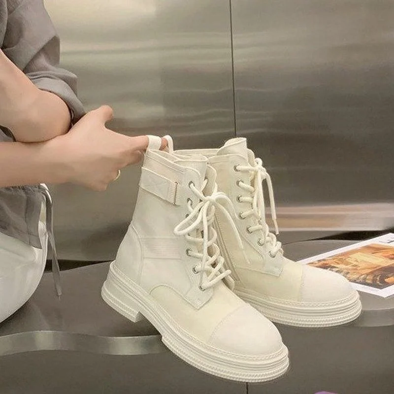 High Top Canvas Boots Women's 2022 New Autumn and Winter British Style Round Toe Lace-up Short Boots Thick-soled Tooling Boots