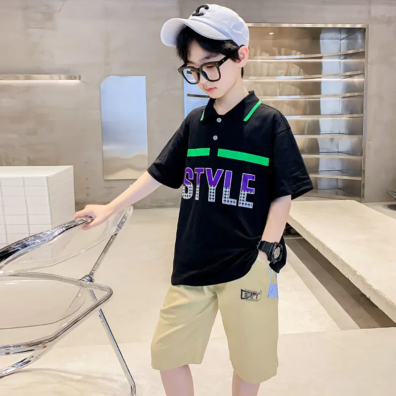 Teen Boy Summer Clothes Short Sleeve T-Shirt + Shorts 2 Pieces Set Letter Fashion Kids Cotton Boys Clothing Suit For 4 To 14Yrs