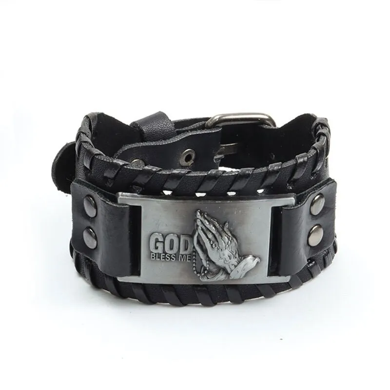 

Vintage Viking Leather Woven Bracelet Men's Hand of God Wide Leather Bracelet