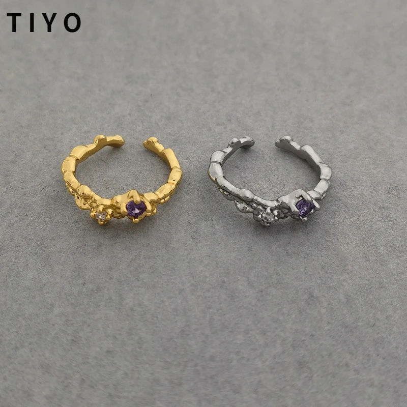 

Modern Jewelry Purple AAA Zircon Rings Hot Sale High Quality Brass Metal Golden Color Open Finger Rings For Women Girl Gifts
