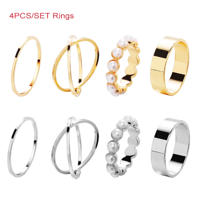 

4pcs Simple Gold Sliver Color Rings Set For Women Girls Fashion Irregular Finger Thin Ring Gift Female Knuckle Jewelry