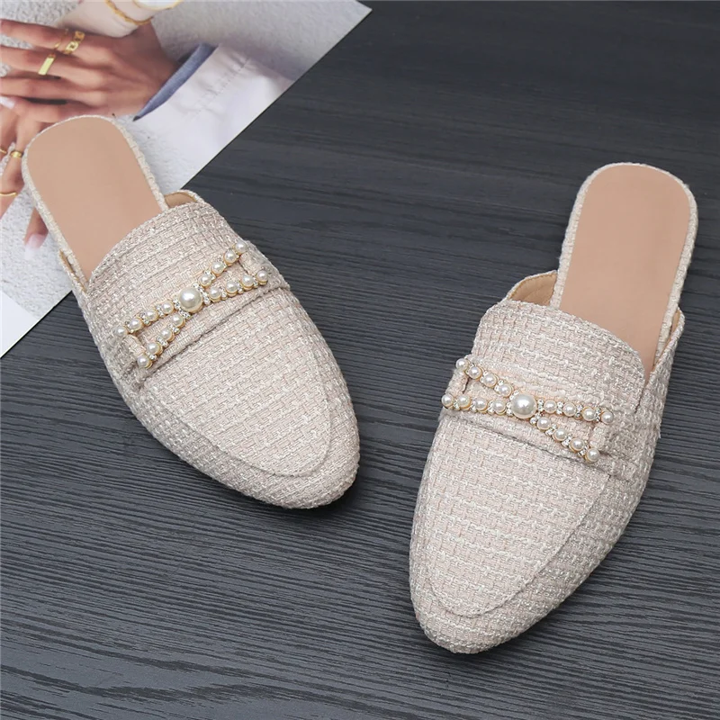 

Slippers Women Flat Shoes String Bead Mules Summer Casual Slipper Fashion Woman Slides Ladies Shoe 2023 Outside Pantuflas Mujer