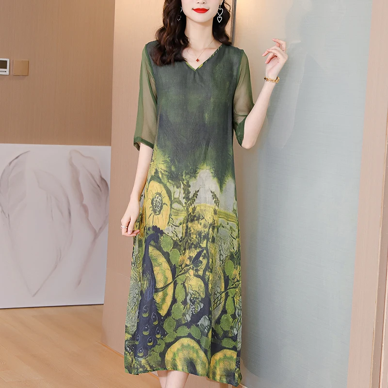 2023 Loose Casual Mulberry Silk Maxi Emerald Green Dress Spring Summer Vintage 4XL Elegant Women Party Vestidos