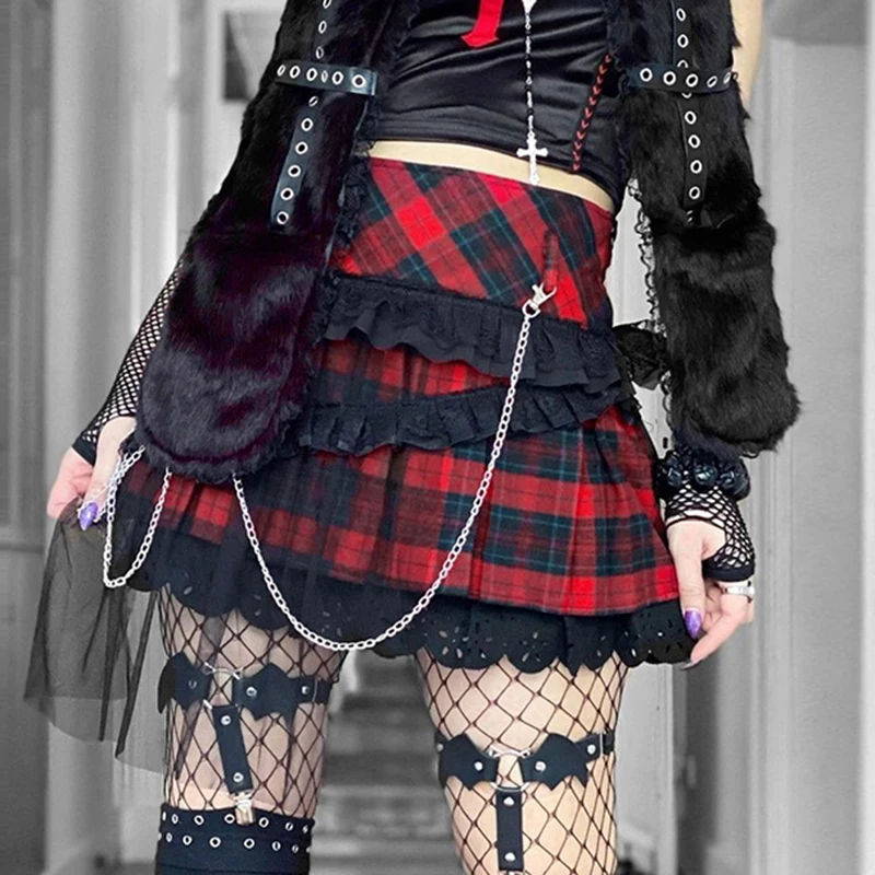 

Harajuku Grunge Mesh Patchwork High Waist Pleated Skirt E-girl Dark Academia Plaid Mini Skirt Chain Women Vintage Streetwear