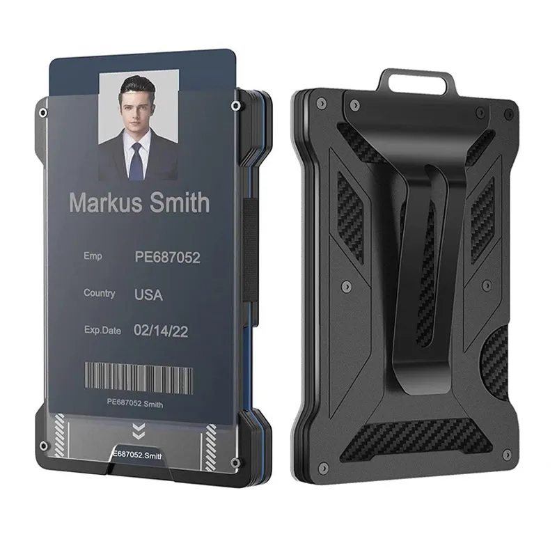 Carbon Fiber Metal Wallet Men Slim Aluminum ID Card Holder RFID Blocking Money Cash Clip Clear Window ID Badge Holder Minimalist
