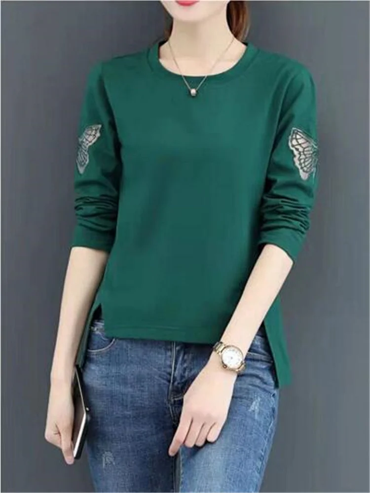 

Pure Cotton Women’s Tees Long-sleeved Woman T-shirt Hollow Embroidery Irregular Pullover Solid Color O-neck Female T-shirt
