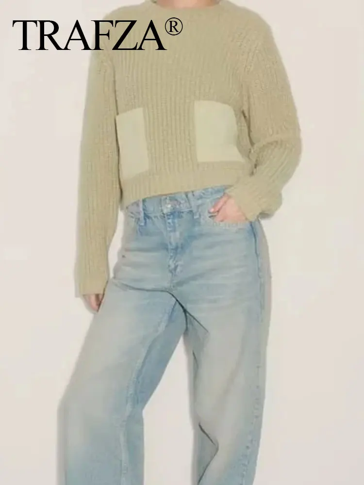 

TRAFZA Women's Fashion Solid Color Pocket Knitted Sweater Autumn O-neck Long Sleeve Women's Casual Retro Pullover Chic Top