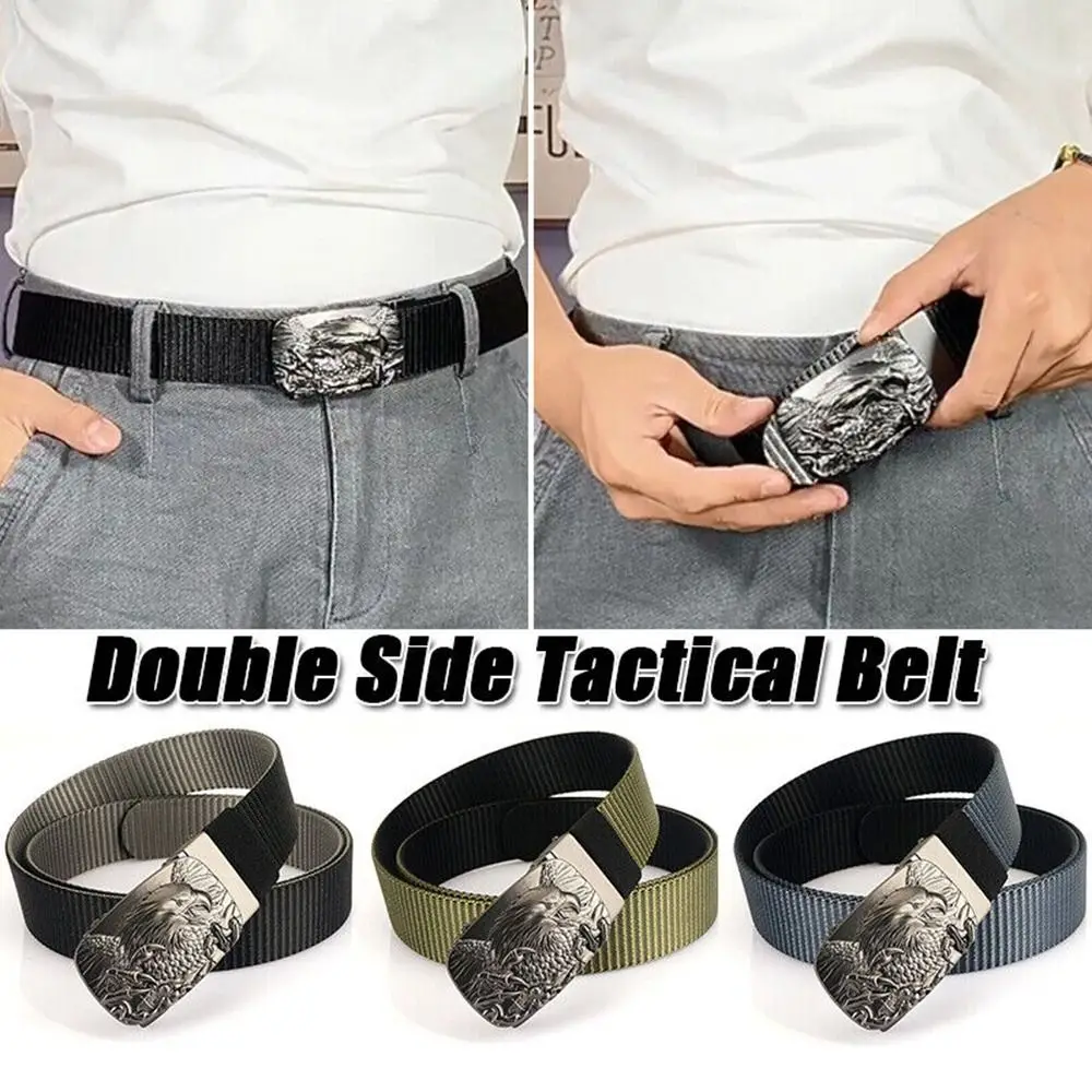Simple Men Combat Army Nylon Buckle Waistbelt Tactical Belt Double Side Quick Release Automatic Buckle Pants Belt