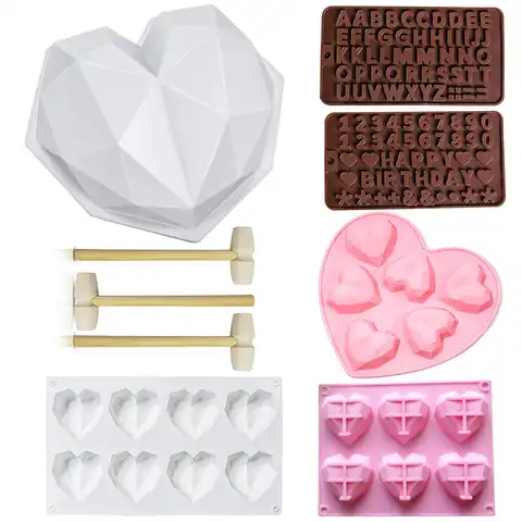 Силиконовая Алмазная форма для выпечки в форме букв и цифр, 1/6/8 полости, форма для кондитерских изделий в форме сердца, мусса, торта, шоколада...