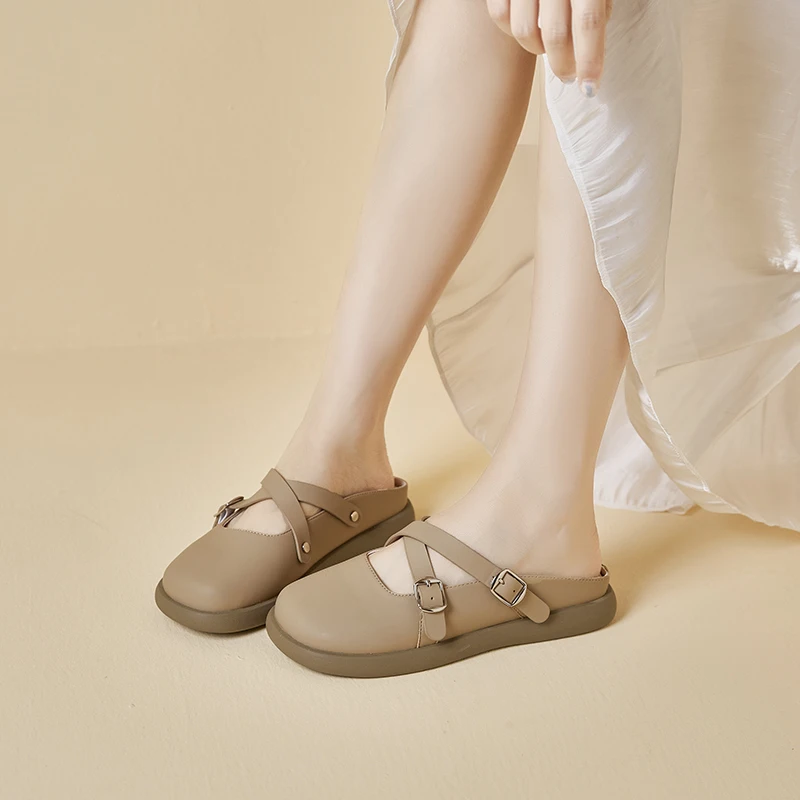 AIYUQI Half Slipper Women Genuine Leather 2023 Summer New Flat Mules Women Shoes British Style Outerwear Slippers Women