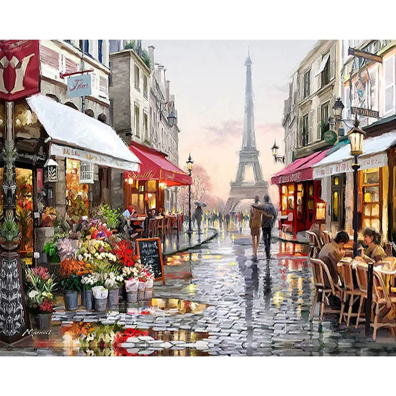 

Paris Flower Street Oil Picture By Numbers Landscape Wall Art Coloring Drawing Hand Painted on Canvas By Number Home Decor