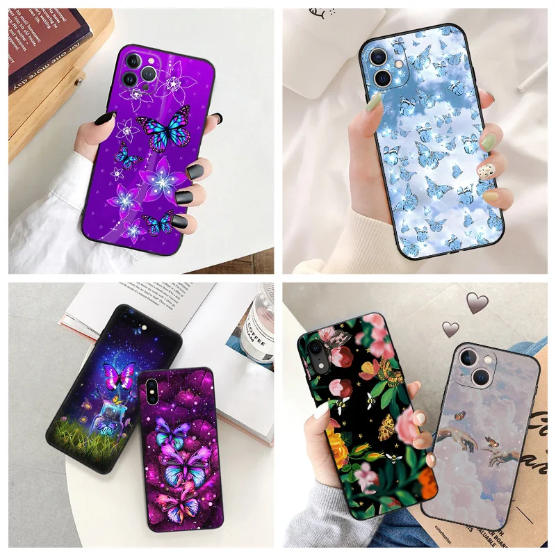 

Black Matte Anti-Drop Phone Case For iPhone 14 12 13 Pro Max 11 Mini 7 8 6 6s Plus XS X XR SE Flower Nocturnal Butterfly Cover