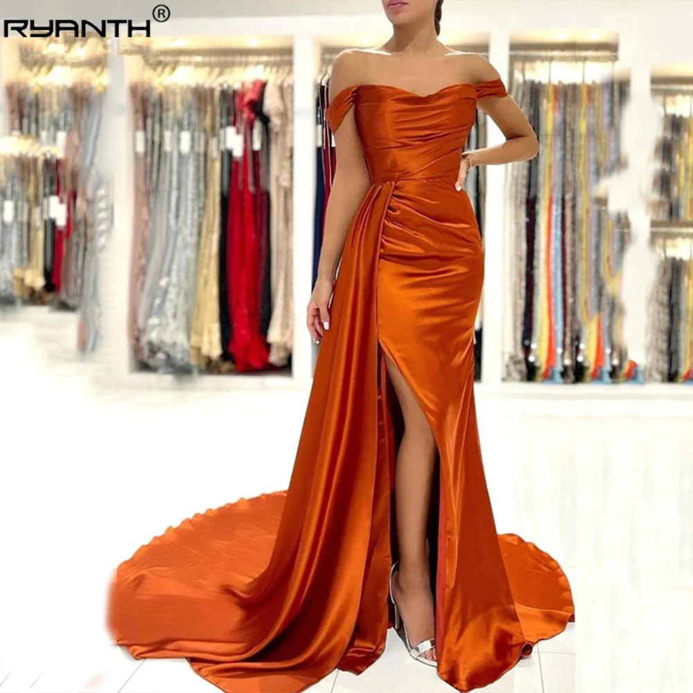 

Ryanth Orange Satin Off the Shoulder Formal Evening Dress Mermaid Side Split Sweetheart Prom Party Gown Sweep Train فستان سهرة