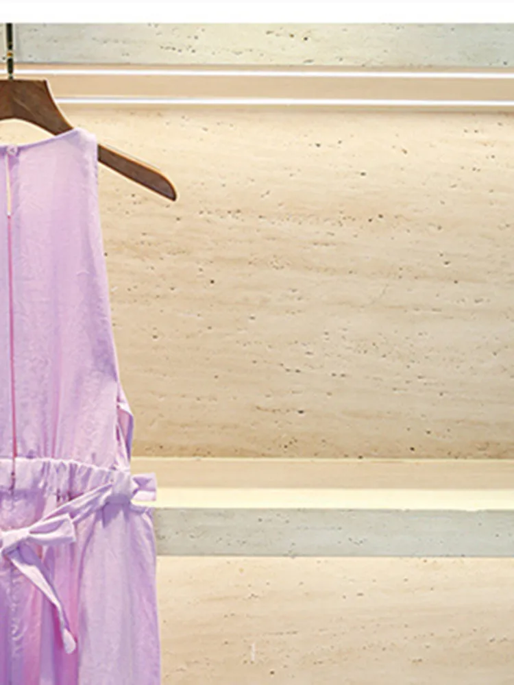 Women Sleeveless Geometry Embroidery Purple Dress Elastic Waist Lace-Up Bow O-Neck Lady Backless Off-Shoulder Midi Sling Robe