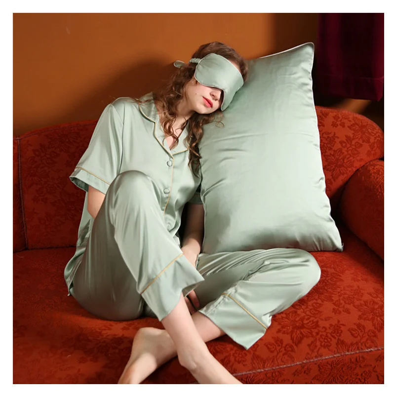 Couple's New Style Pajamas Women's Simulated Silk Thin Men's Lapel Long Sleeve Trousers Spring And Autumn Summer Home Clothes