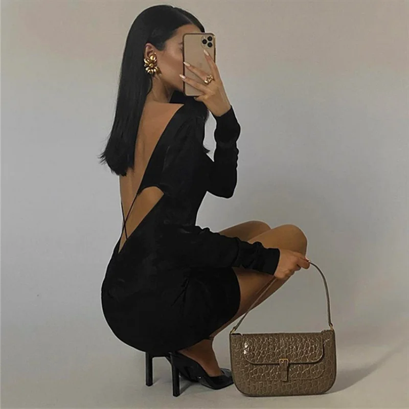 

insEuropean and American Solid Color Elegant Bare Back Sexy Long-Sleeved Dress Women's Fall/Winter Slim Base Narrow Dress