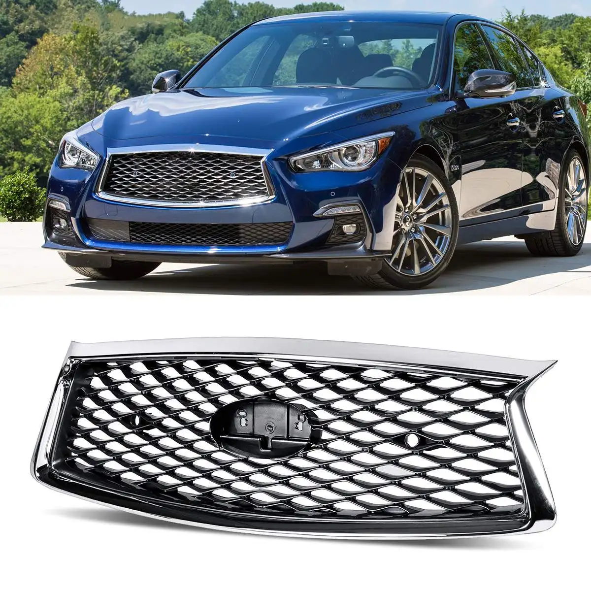 

Chrome Front Bumper Upper Grille Replacement Mesh Grill For Infiniti Q50 Q50S 2014-2017 2018-2021 Front Upper Grille