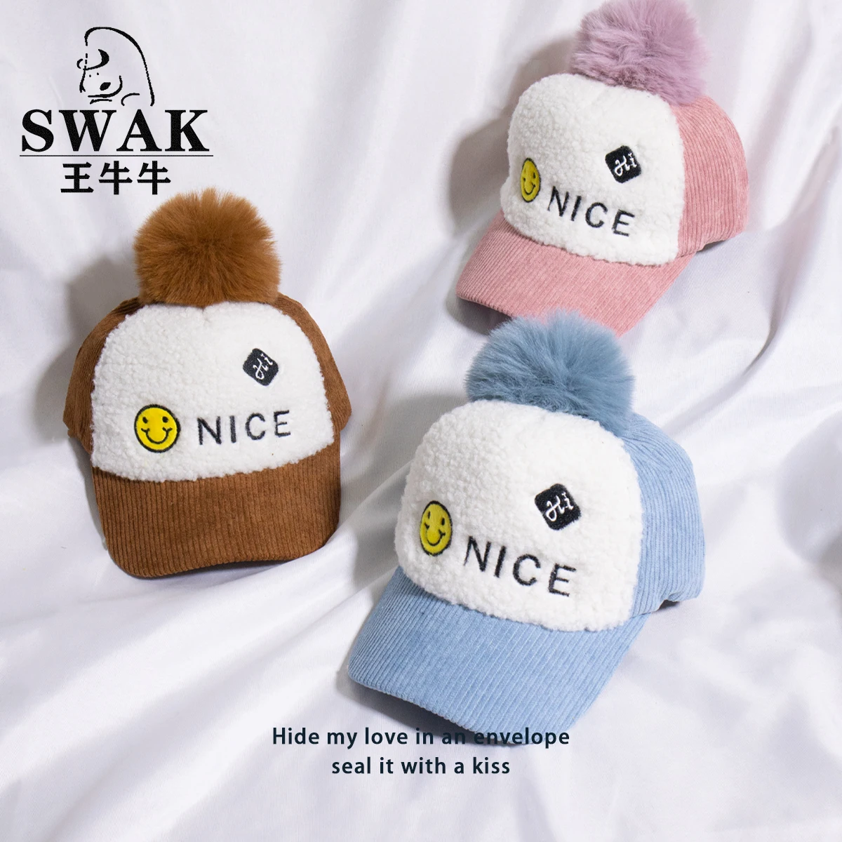 

2022 New winter warm baseball cap kids cute smiley Hairball children's hat letter Embroidered corduroy Girl Boy caps