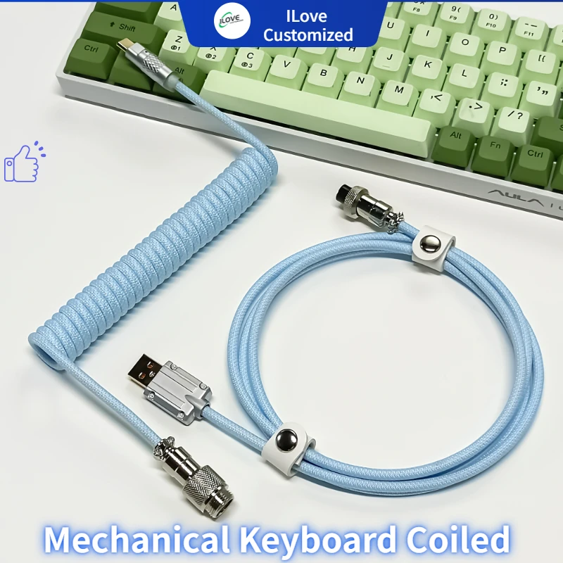 Coiled Keyboard Cable, USB C  for Mechanical Gaming Keyboard, Double-Sleeved Wire with Detachable Metal Aviator Connector