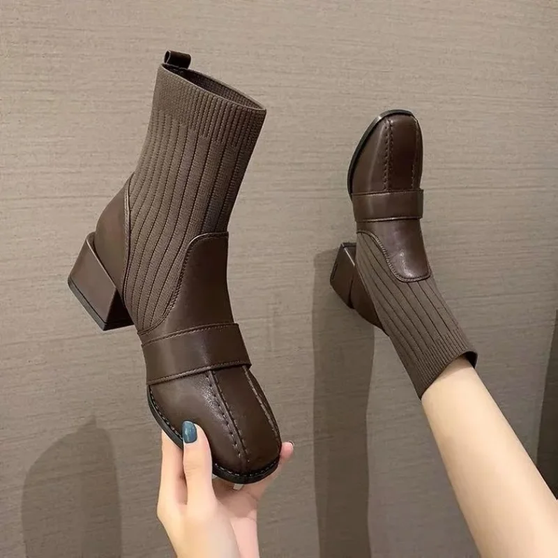 

Women's Boots Thick Heel 2023 Autumn and Winter Short Boots Socks Boots Fashion British Retro Short Tube Boot 40 Botas Femininas