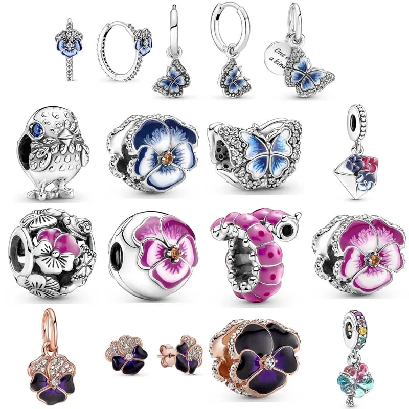 

2022 Pansy Flower Blue Butterfly Envelope Curled Caterpillar Pendant Bead 925 Sterling Silver Charm Fit Fashion Bracelet Jewelry