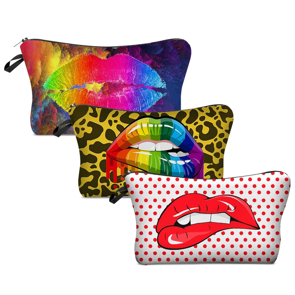 

Women Portable Cosmetic Bags Lips Print Wash Bag Pouch Travel Storage Zip Toiletries Organizer Female Pocket Money Bag