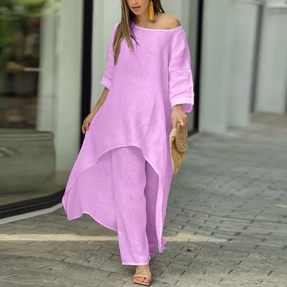 Stylish Leisure Wide Leg Long Sleeves Lady Blouse Trousers Set Deep Crotch Lady Blouse Trousers Set for Walking