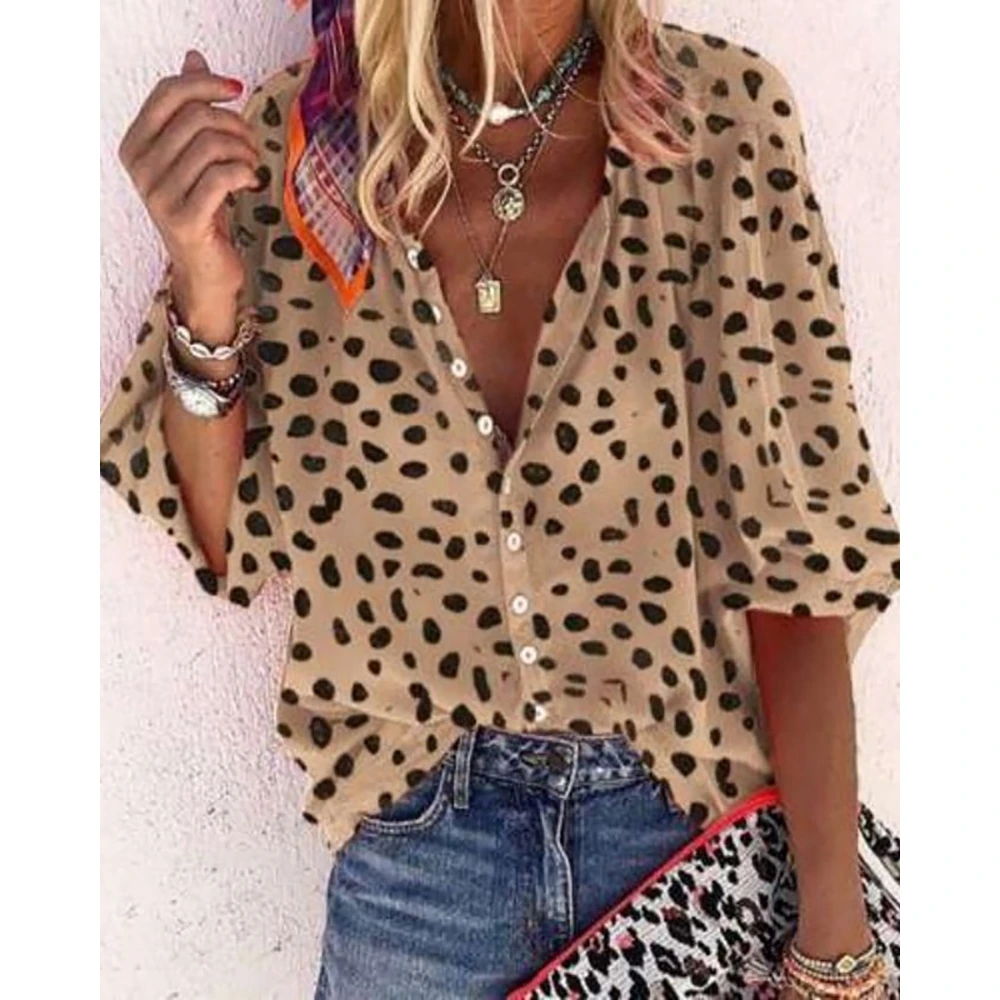 

Autumn New Women V Neck All Over Print Button Design Top Fashion Vacation Lady Casual Lantern Sleeve Loose Blouse Daily