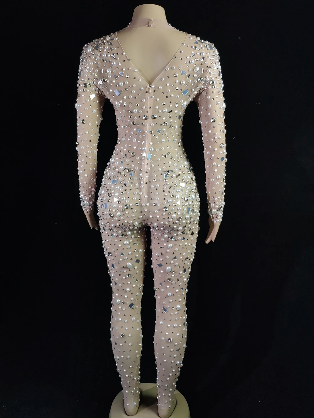 Женский прозрачный комбинезон со стразами жемчугом и молнией на спине S-XL