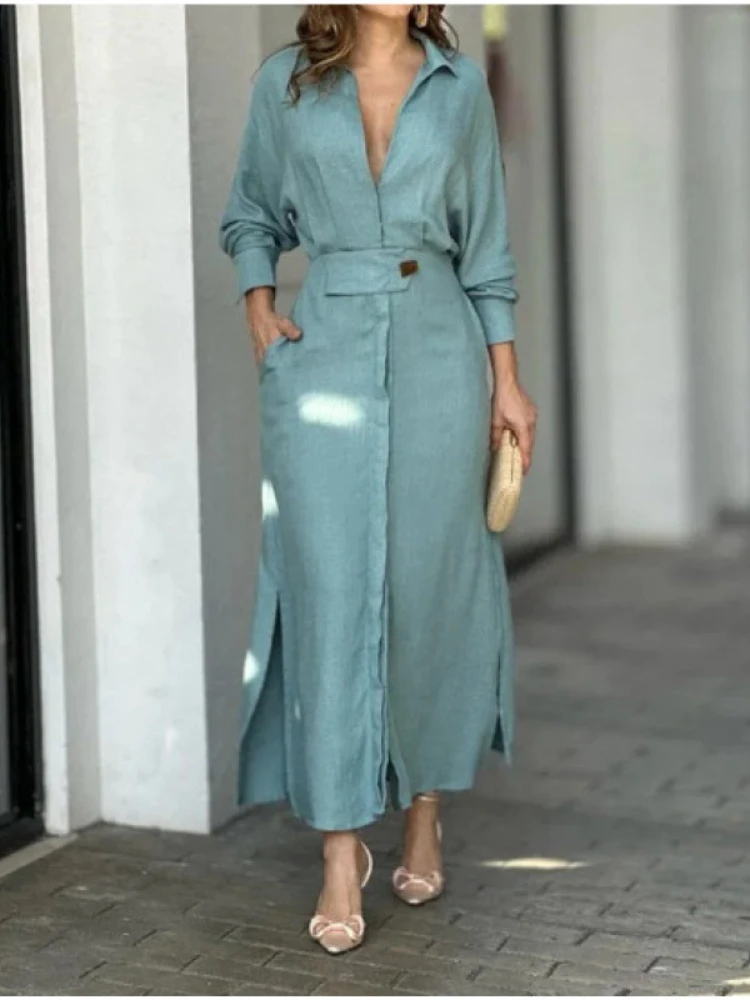 

Womens Dresses Autumn New In Fashion Commuting Elegant Casual Button Solid Long Sleeve Loose Fitting Shirt Collar Dress Robe