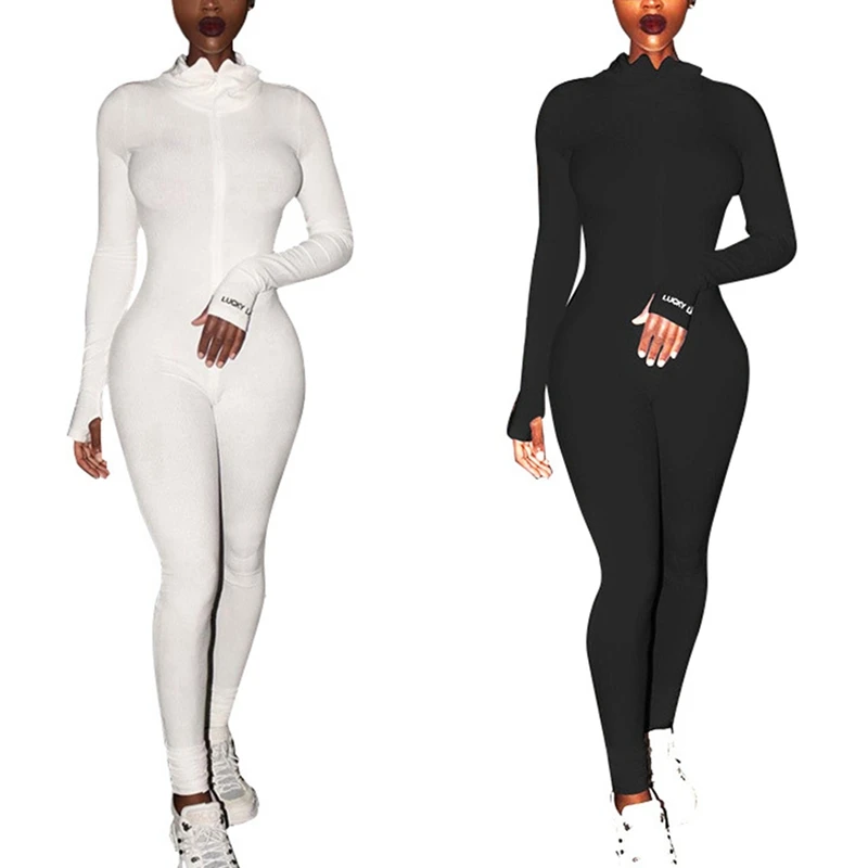 

2X Womens Workout Wear Ribbed Rompers Sporty Long Sleeve Fitness Embroidery Letter Zipper Jumpsuits Size M White & Black
