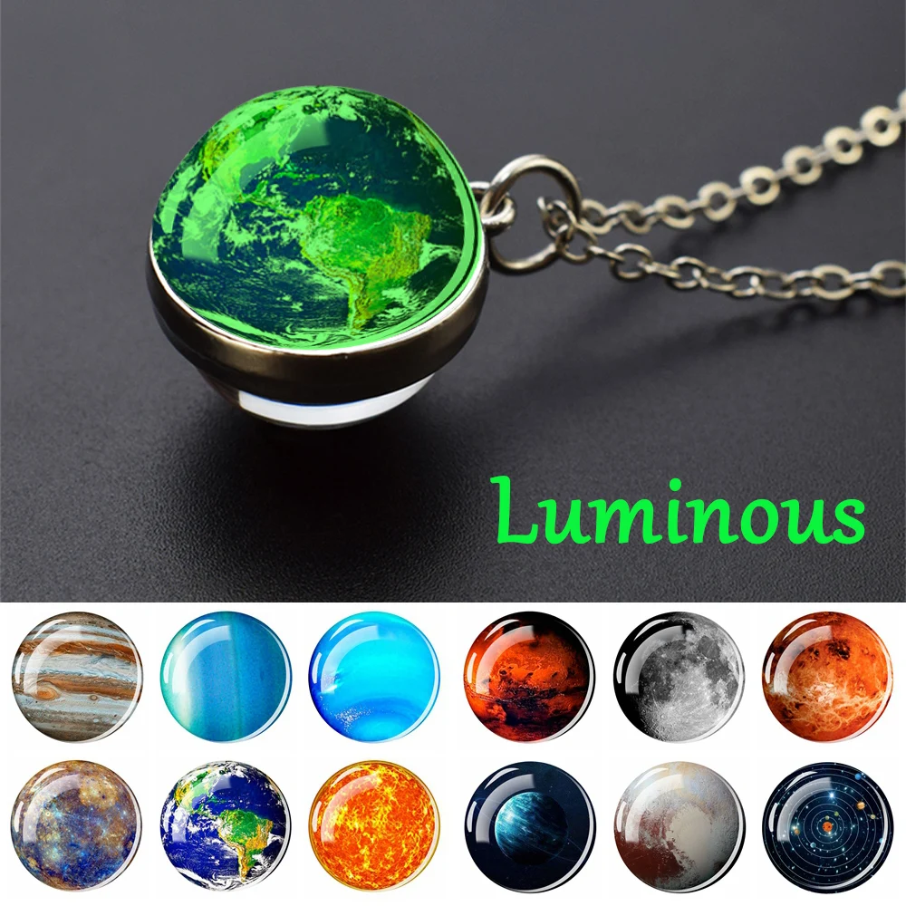 

Glow in the Dark Planet Necklaces Jupter Moon Earth Mars Sun Mercery Double Side Glass Ball Necklace Solar System Pendant Gifts