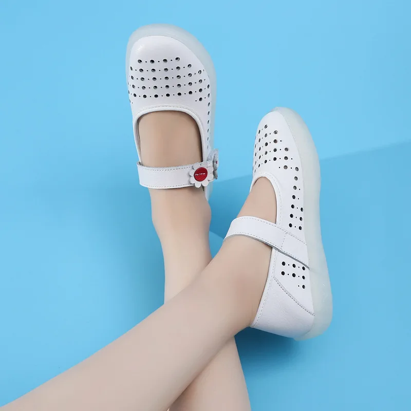 New Arrival Cute Design Leather White Nurse Mates Flat Shoes Ladies Anti-slippery